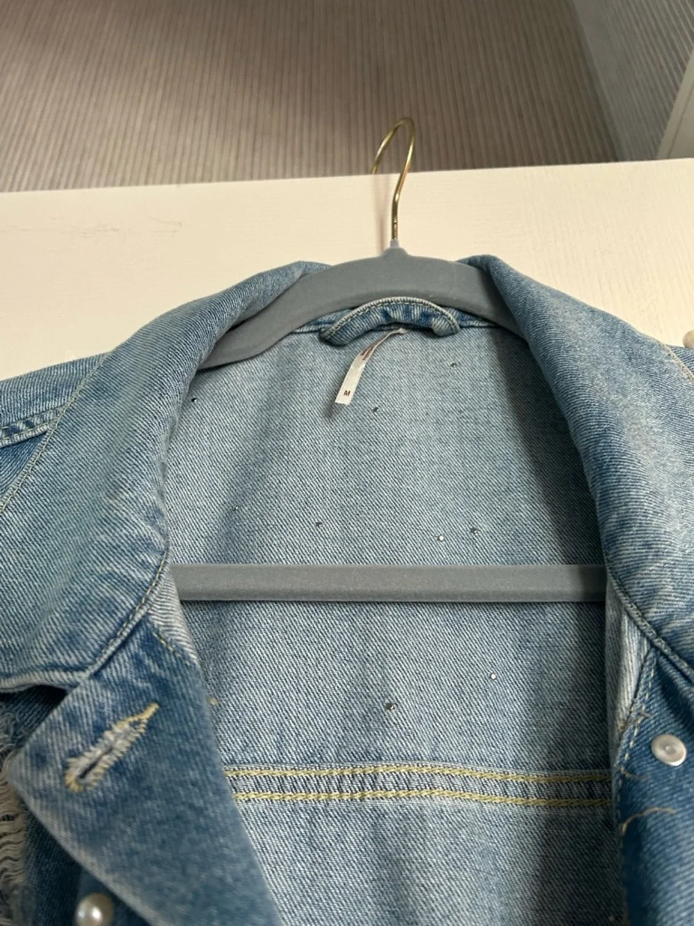 Free People Pearl-Embellished Denim Jacket With Distressing. Oversize fit. - Picture 5 of 8